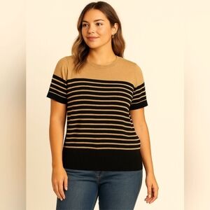 New Lands' End Tan Black Classic Stripe Sweater 2X